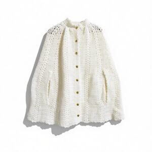 Vintage Hand Crochet Cape Shawl Cream Ivory Open Knit Button Front Pockets LRG
